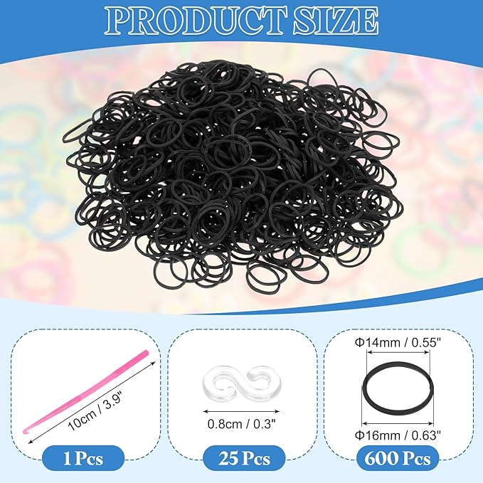 uxcell 600Pcs Loom Rubber Band Kit with 25Pcs S-Clips and 1Pcs Hook, Black