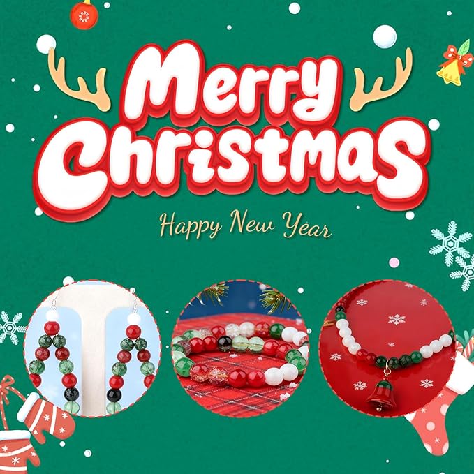 DUQGUHO Christmas Beads, Christmas Beads for Jewelry Making, 8mm Red Green White Round Glass Beads Kit 360PCS