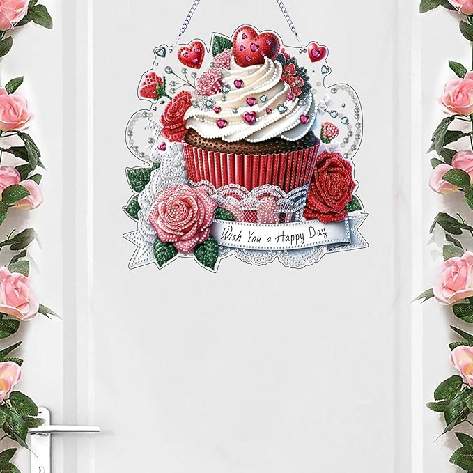 VODAPYC Valentine's Day Diamond Art Hanging Kits for Adults, DIY Double Sided Special Shaped Diamonds Art Window Pendant Ornament for Home Decor(Rose Ice Cream)