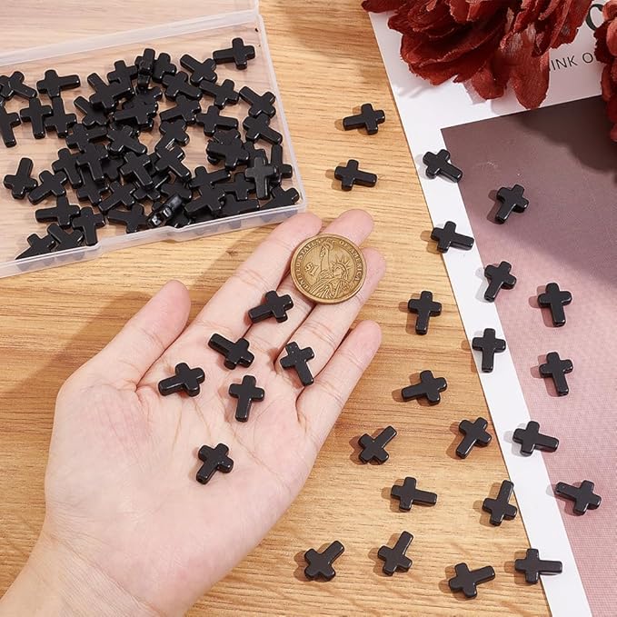 SUNNYCLUE 1 Box Black Cross Beads About 100Pcs Small Synthetic Turquoise Cross Bead Charms Easter Mini Tiny Stone Crucifix Loose Spacer Beads Bulk for Jewelry Making Kit Bracelets Adult Women