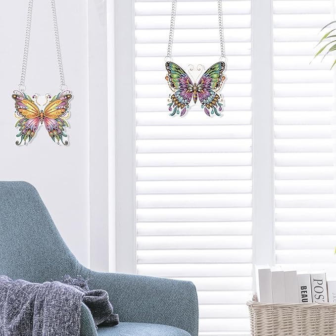 JISHSHAY 2 PCS Diamond Painting Pendant DIY Butterfly Crystal Wind Chimes Suncatcher Art Ornaments Hanging for Garden Wall Decor