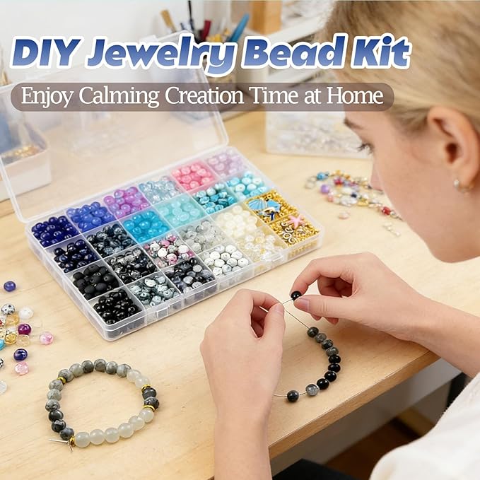 Queenme Beads Bracelet Making Kit: 660pcs 8mm Round Glass Beads 22 Colors with Bracelet Accessories and Elastic String for DIY Jewelry Making at Home for Women