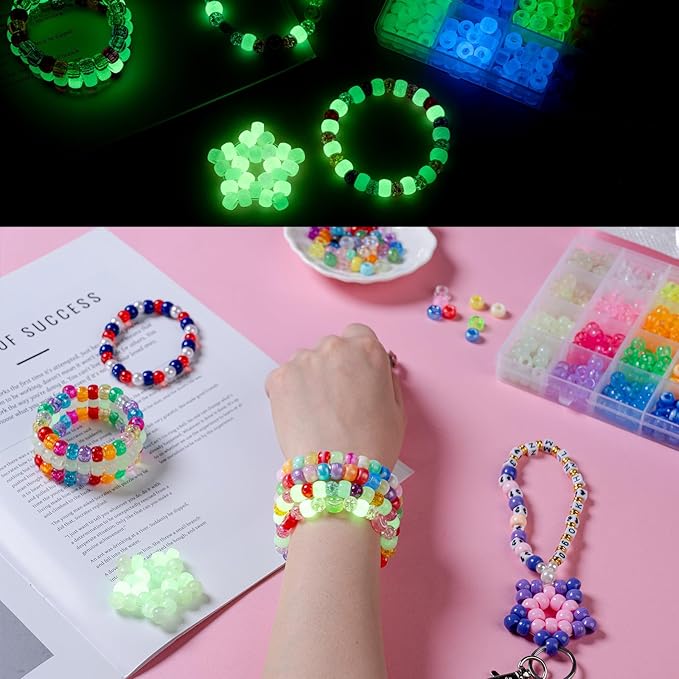 SJZWSD 5 Boxes Bracelet Making Kit Pony Beads, 6x9mm Kandi Rave & Hair Beads Set with UV Color Changing, Glow-in-Dark, Chrome & Alphabet Letters for Friendship Jewelry DIY Crafts