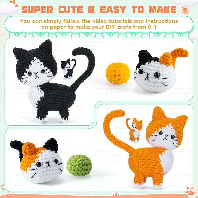 Valentine's Day Gift Cat Crochet Kit for Beginners-Crochet Kits 4PCS Cats Family Crochet Animals Kits with Step-by-Step Video Tutorials, Crochet Starter Kit Learn to Crochet Kits for Adults