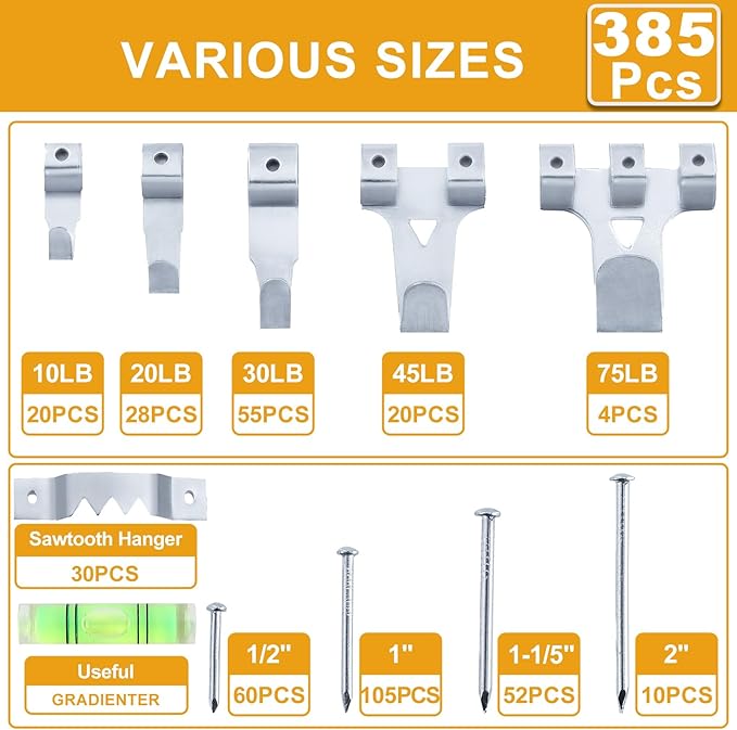 KURUI Picture Hanging Kit for Wall Decor, Frame, Painting, Art, Photo, 385Pcs Picture Hangers with Heavy Duty Hooks, Sawtooth, Hardware Nails, Wall Hangers for Bedroom Office Classroom (Silver)
