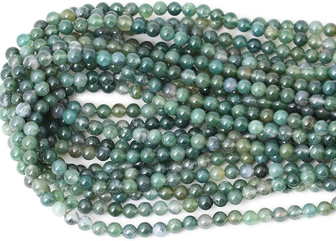 60PCS 6mm Natural Moss Agate Gemstone Round Loose Beads for Jewelry Making DIY 1 Strand 15"
