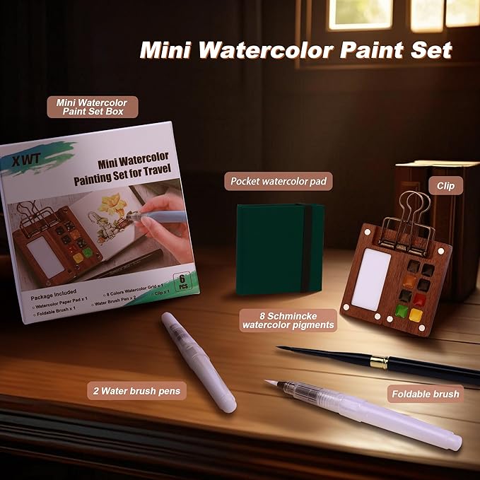 Mini Watercolor Paint Set, Portable Travel Art Kit with Wooden Palette, 8 Color Pigments, Watercolor Pad, Water Brush Pens and Accessories for Artists