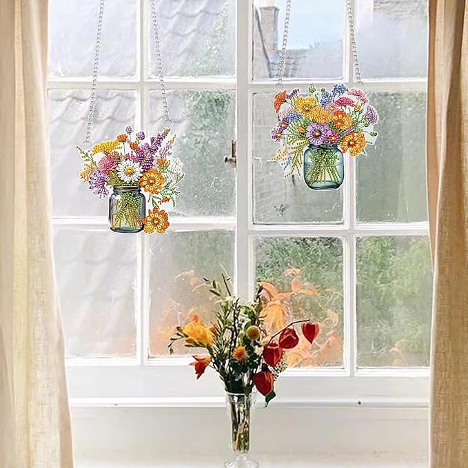 2 Pcs 5D DIY Diamond Painting Hanging Ornaments, Floral Bouquet Jar Design, Special Shaped Acrylic Diamond Art Suncatchers for Window or Wall Decor