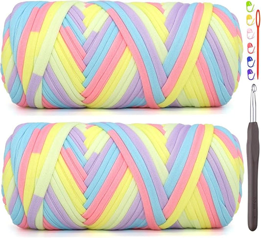 2 Pack Tshirt Yarn for Crocheting,Rainbow T Shirt Chunky Elastic Thick T-Shirt Crochet Yarn for Beginners Crocheting Hand Knitting Bag/Basket/Coasters/DIY Crafts/Home Decor 2 * 200G-Pastel Rainbow