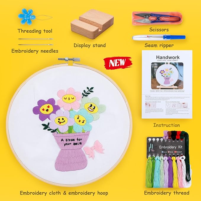 BERYA Embroidery Kit for Adult Beginners, Funny Flower Embroidery Kit with Step-by-Step Instructions & Video, Printed Cloth, 7.87" Hoop, Display Stand, Color Threads and Tools for Craft Lover(BEF021)