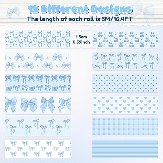 Blue Bow Washi Tape - 12 Pcs Watercolor Blue Bow Cherry Washi Colored Masking Decorative DIY Craft Art Tape Set School Office Teacher Scrapbooking Scrapbook Junk Journal Journaling Supplies