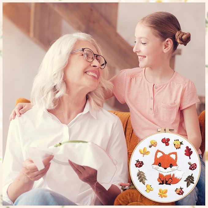 Louise Maelys Starter Embroidery Kits with Fox Pattern DIY Full Range Easy Needlepoint Cross Stitch Kits for Adults, Beginners with Stamped Animal Pattern