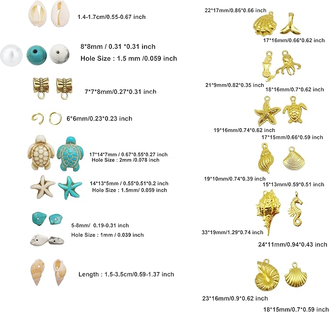Julie Wang 422PCS Gold Tone Alloy Pendants Seashells Man-made Turquoise Beads Starfish Turtle Ocean Charms for Jewelry Making Summer Beach Bead Necklace Bracelet DIY Accessory