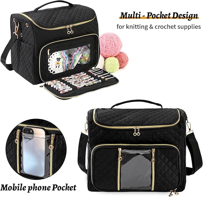 Knitting Bag- Crochet Bags for on The go,Yarn Storage Organizer, Perfect for Knitting and Crochet Accessories（black）