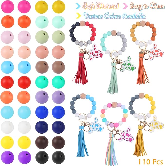 110 Pcs Silicone Focal Beads, EVERMARKET 15mm Silicone Beads for Keychain Making, Round Silicone Beads Bulk with Bottle, Rubber Loose Beads for Pens Crafts Necklace Bracelet Lanyard (Mustard Yellow)