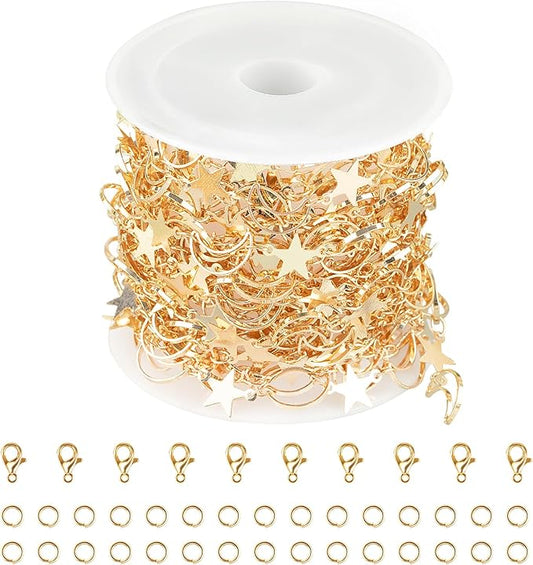 Jabogrii 5 Meters Star Moon Jewelry Making Chains Gold Plated Brass DIY Jewelry Making Supplies Necklace Bracelet Craft Chain Roll for Jewelry Making