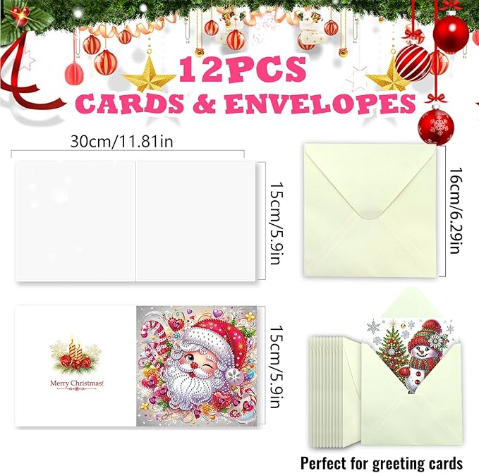 YOKUSHI 12 PCS Diamond Art Painting Christmas Greeting Cards with Envelopes, Snowman Craft DIY Card Making Kits for Adults Gifts (Red)