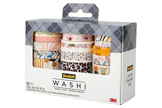 Scotch Washi Tape, Whimsical Design, 15 Rolls, Great for Bullet Journaling, Scrapbooking and DIY Décor (C1017-15-P5)