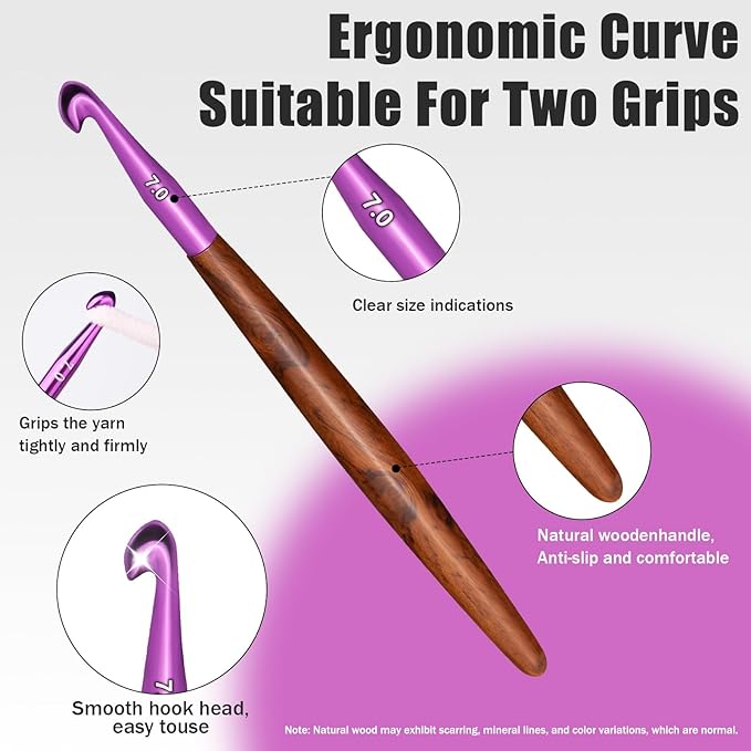 Giwrmu Crochet Hooks, 7mm Ergonomic Crochet Hook, Available in 3mm-7mm, Colored Aluminum Crochet Hook with Wooden Handle Crochet Needle for Arthritic Hands Crocheting Yarn