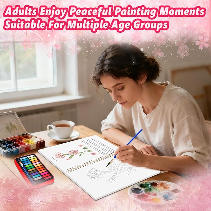 Watercolor Workbook - Coloring Book Beginner Friendly Painting Kit, Watercolor Workbooks for Adults with 24 Colors Paint, Exploration Gift for Adults Teens (Flowers)