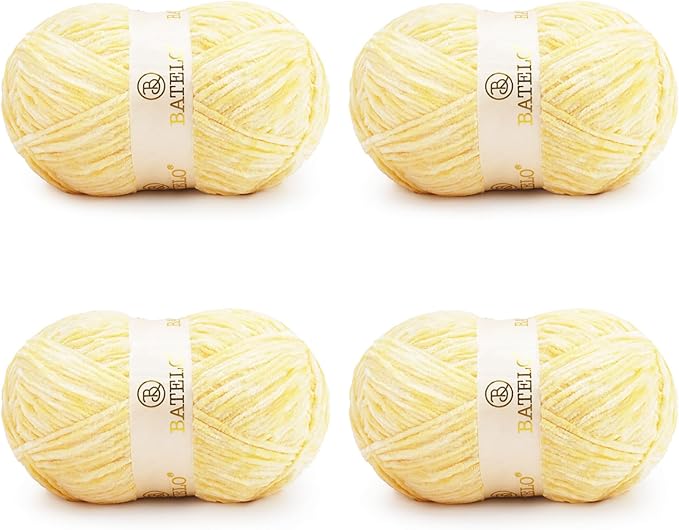 Velvet Chenille Yarn for Crocheting & Knitting 1440 Yards, Soft Thick Fluffy Bulky Blanket Yarn, 4 Pack of 10.5oz (Yellow)
