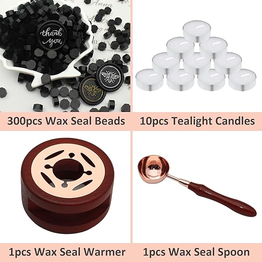 Wax Seal Beads Kit - 300pcs Black Sealing Wax Beads with Wood Melting Warmer, Spoon & 10 Mini Candles for Stamp Seals, Wedding Invitation, Envelope, Cards, Gift Wrapping Decorations