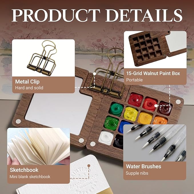 Mini Watercolor Travel Set, 15 Grids Pocket Watercolor Sets Portable Water color Painting Supplies With Brush Sketchbook Copper Clip for Beginners