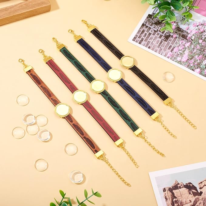 FASHEWELRY 5Pcs PU Leather Cord Bracelet Blanks Bezel Tray Settings Golden Flat Round Tray Cabochons Adjustable Round Tray Bracelet Kits with Glass Cabochons for Jewelry Making