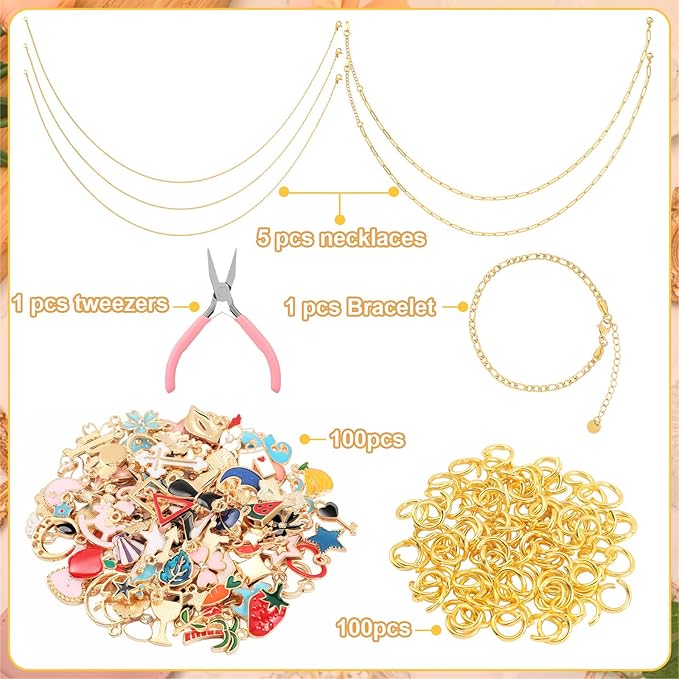 Tondiamo 207 Pcs Jewelry Making Kit DIY Bracelet, Necklace, Ring Set Bangle Charm Bracelet Making Kit with 100 Charms 100 Jump Rings and Tools for Women Beginner Arts and Craft Gift(Cute)