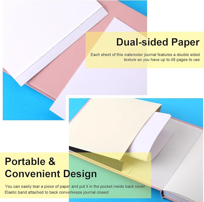 Teling 2 Pcs Watercolor Sketchbook with 3 Brush Pens, 140lb/300gsm Paper, Small Portable Travel Watercolor Journal, Pocket Notebook with Folding Pockets, Tear Away Pages with Dotted Line(7.6" X 5.3")