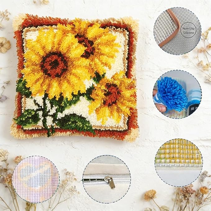 LUBOT 16"*16" Ginger Cat Latch Hook Kits for Adults Rug Pillow Cover with Printed Canvas Pattern Crochet Kit for Beginners