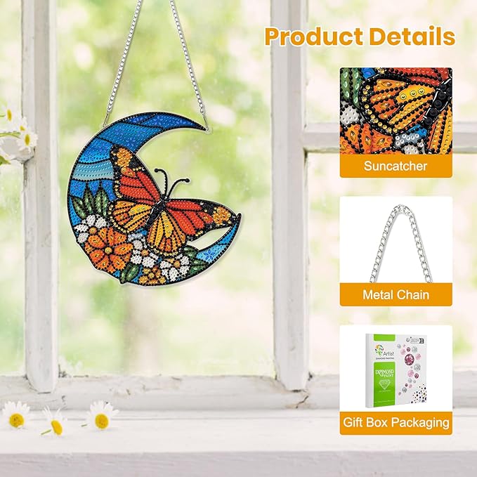 EOBROMD Diamond Hanging Art Kits for Adults Butterfly, Diamond Art Painting Moon Window Pendant Kits Suncatchers, DIY Special Shaped Rhinestone Adults, Home Wall Decor