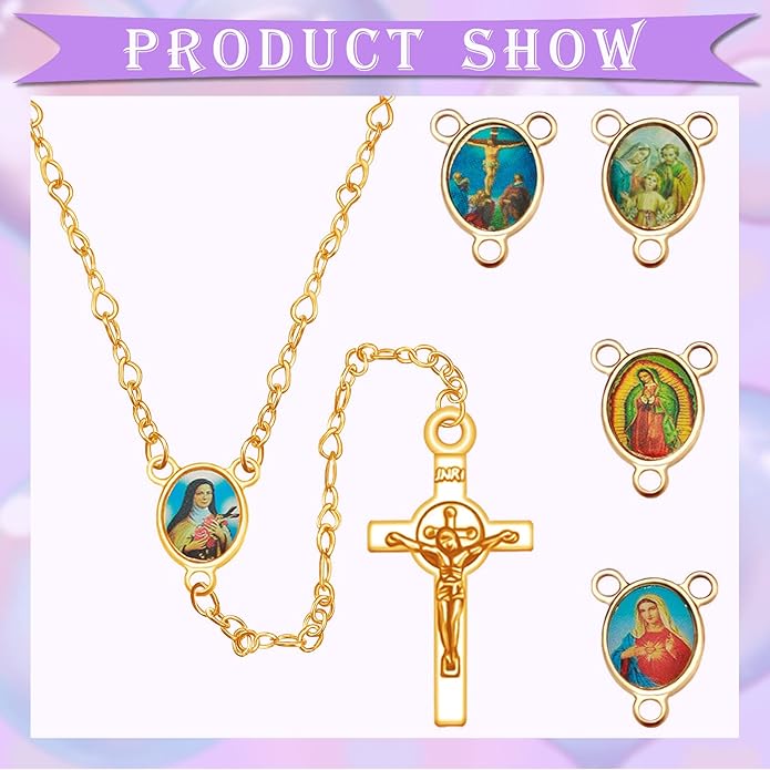 60Pcs/30Sets Rosary Making Kits Supplies Alloy Religion Cross and Center Medal Charms Pendant Oval Chandelier Links for Diy Prayer Necklace Jewelry
