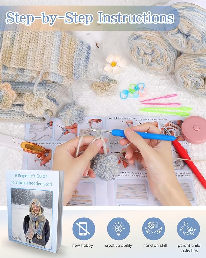 Coopay Crochet Kit for Beginners, Crochet Kits for Adults - 4 Basic Stitches to Complete Hooded Scarf, Perfect for Crocheting Hooded Scarf with Step-by-Step Instructions & 5 Yarns (Cloud Sea)