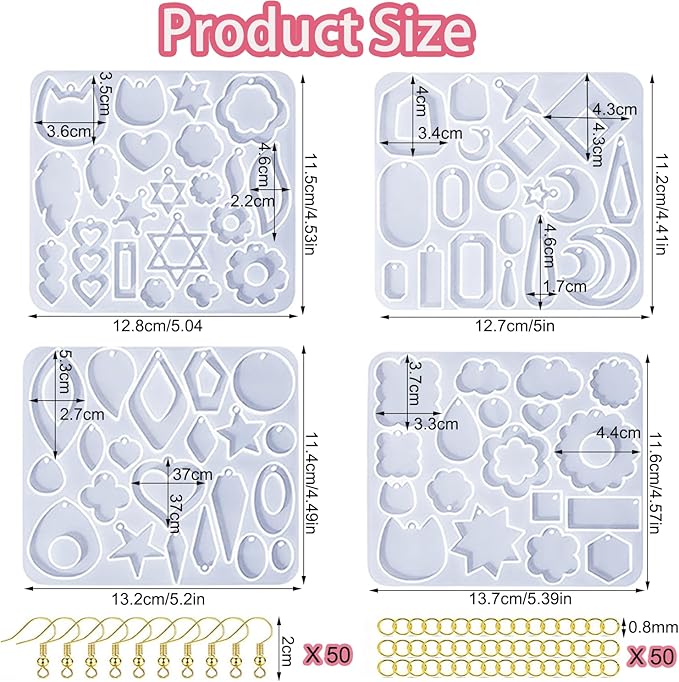 104Pcs Geometric Resin Earring Molds Kit, Flower Shaped Earrings Silicone Mold for Epoxy Resin Dangle Drop Jewelry Molds Making Kit with 100 Earring Hook for Earrings Necklace Pendants (Irregular)