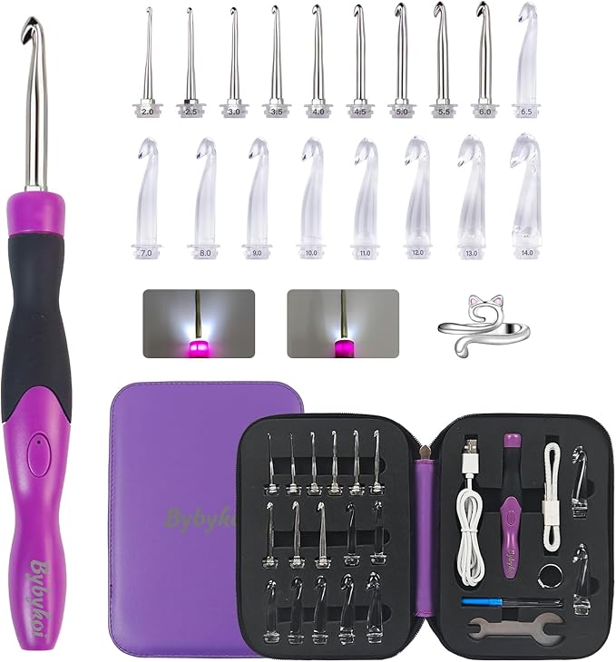 18 Sizes Lighted Crochet Hooks Set 2.0mm~14.0mm, Rechargeable Crochet Hook with Interchangeable Crochet Head, Light Up Crochet Hooks Set with 2 Levels Led for Beginner Knitting Kit Gifts