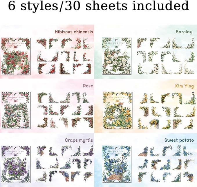 180pcs Courtyard Corner Flower Stickers for Scrapbooking Journaling Vintage Flowers Scrapbook Stickers Aesthetic Floral Sticker Pack Scrapbook Kit Junk Journal Supplies Self-Adhesive Decoupage Paper