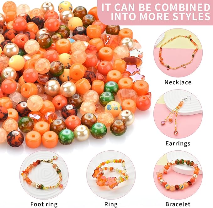 Rired 27 Glass Beads for Bracelet Making Kit, 900pcs Orange Crystal Beads Set, Craft Beads Include Assorted 8mm Round/Bicone/Seed and Shaped Star Beads for Jewelry Making