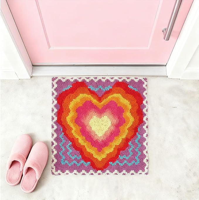 ORIGACH Love Rainbow Latch Hook Rug Kit for Adults Printed Rug Making Kit Handmade Carpet Tapestry Cover with Hook Latch and Preprinted Canvas, Home Arts Crafts Sofa Decor, 17.72x17.72inch