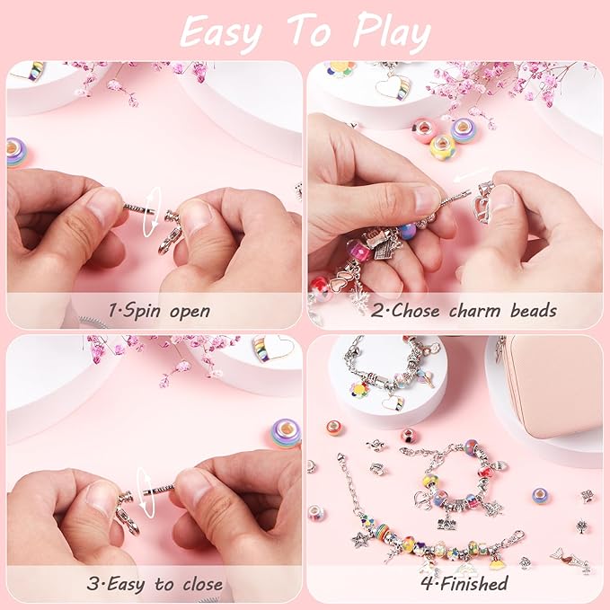 UFU Charm Bracelet Making Kit, Jewelry Making Kit Craft Gift for Girls 5 6 7 8-12, A Sweet Birthday Gift to Inspire Imagination & Creativity, with Portable Jewelry Box