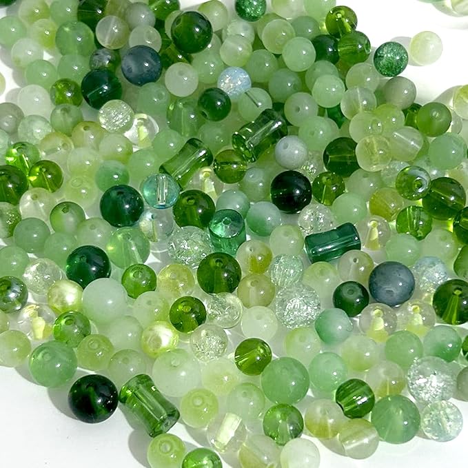 300pcs Glass Beads Green, 8mm Assorted Crystal Bead for St. Patrick's Day Jewelry Making, Round Spacer Loose Beads Kit for DIY Charms Bracelets Necklaces Earrings