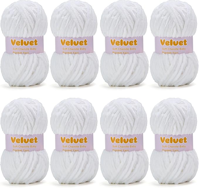 Velvet Yarn Chenille Yarn for Crocheting and Knitting Soft Chenille Bulky Baby Blanket Yarn DIY Weaving Craft 8pack White(4oz 66yds Each)
