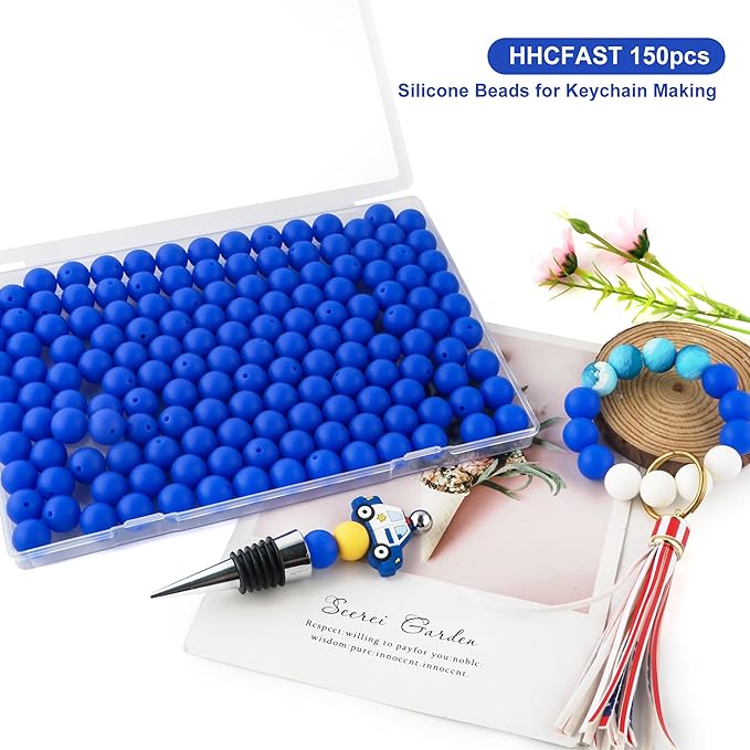 150Pcs 15mm Silicone Beads for Keychain Making Bracelet Necklace, Bulk Round Silicone Beads for Pens（Royal Blue）