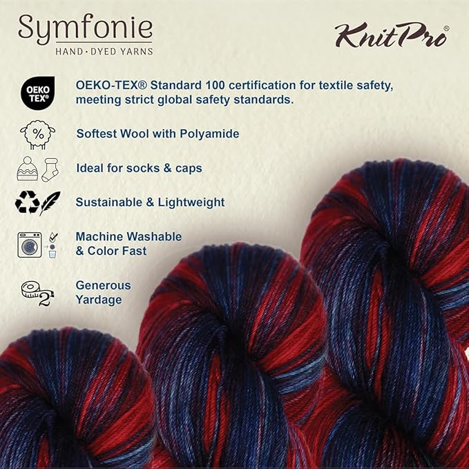 KnitPro Symfonie Fingering Weight Hand Dyed Variegated Yarn Skein | Extra Fine Merino Wool & Polyamide Blend for Knitting & Crocheting, Oeko-TEX Certified 400m, 100g | Terra Twilight Flame