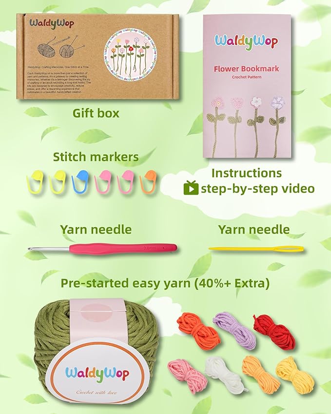 WaldyWop Crochet Kit for Beginners - 8 Flower Bookmarks Knitting Kit w/Step-by-Step Video Tutorials & Soft Yarn, Hook - Wobbles DIY Art Craft Kit for Adults, Birthday Gifts for Women Teen