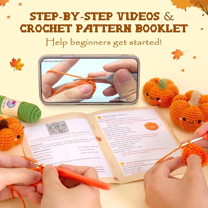 Crochetta Crochet Kit for Beginners, Crochet Starter Kit with Step-by-Step Video Tutorials, Crochet Animal Kits for Adults and Kids, DIY Craft Supplies, 3 Pack Halloween Pumpkins Family (40%+ Yarn)