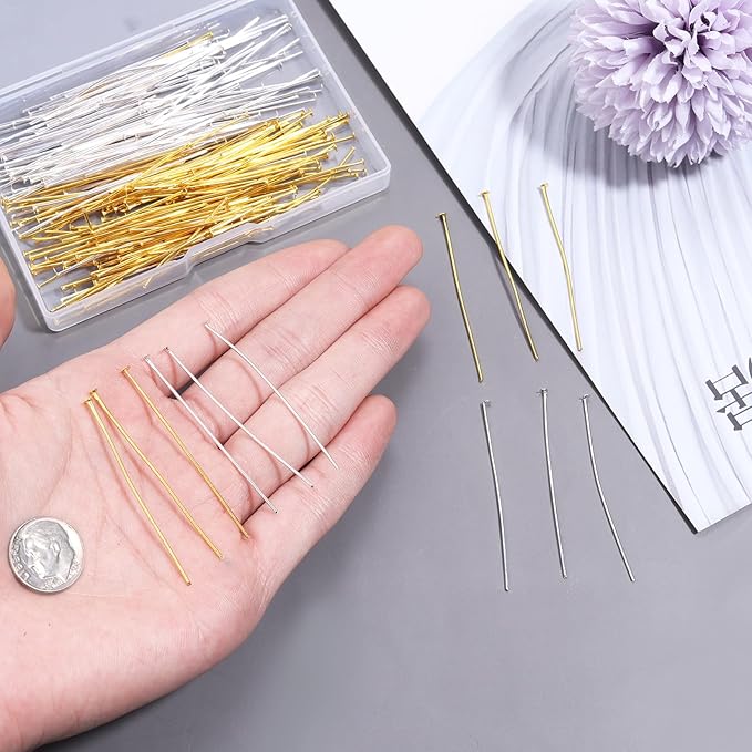 200 Pcs 50mm Straight Head Pins for Craft Earring Bracelet Necklace Pendant DIY Jewelry Making, Silver & Gold Color