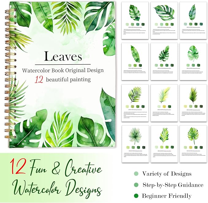 Easy Watercolor Workbook for Beginners - 12 Beautiful Step-by-Step Paintings Water Coloring Book, Includes 18 Colors Paints, Relaxing Art Projects and Creative Gift for Adults & Teen (Leaves)