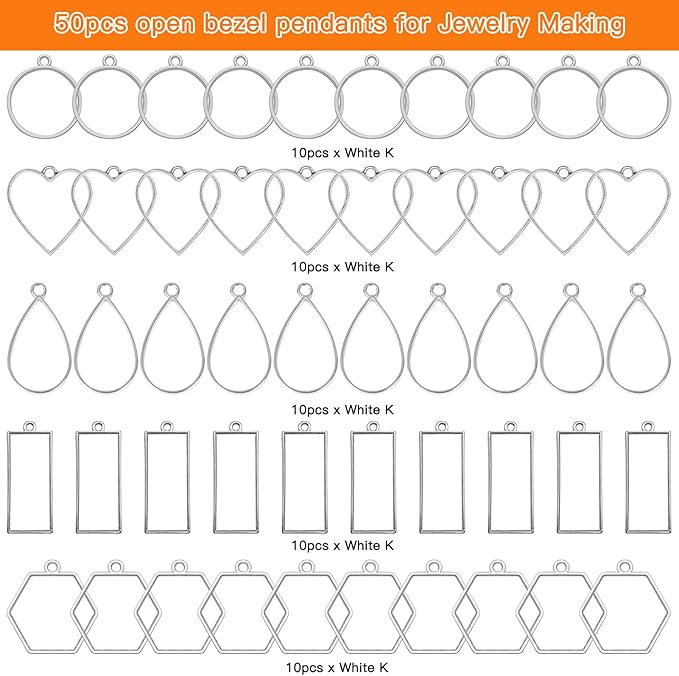 50pcs Open Bezels 5 Styles Open Frame Pendant Open Back Bezel Pendants Geometric Hollow Frame Pendant for Resin Casting, Necklace, Earrings, Pressed Flower, DIY Crafts(White K)
