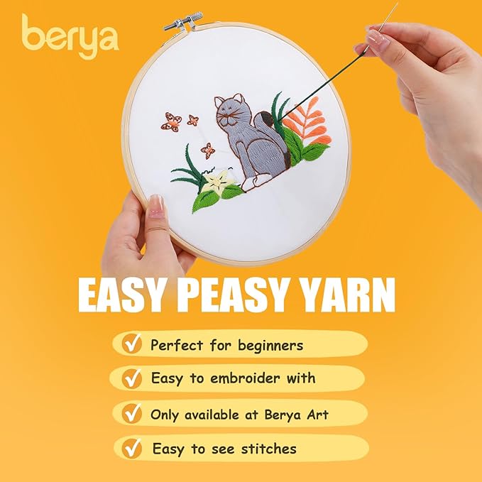 Embroidery Kit for Adult Beginners, Cat Embroidery Kit with Step-by-Step Instructions and Video, Printed Cloth, 7.87" Hoop, Display Stand, Color Threads, Threader & Needles for Craft Lover(BED001)